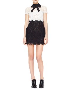 Valentino - Short-Sleeve Lace Dress, Black:Ivory